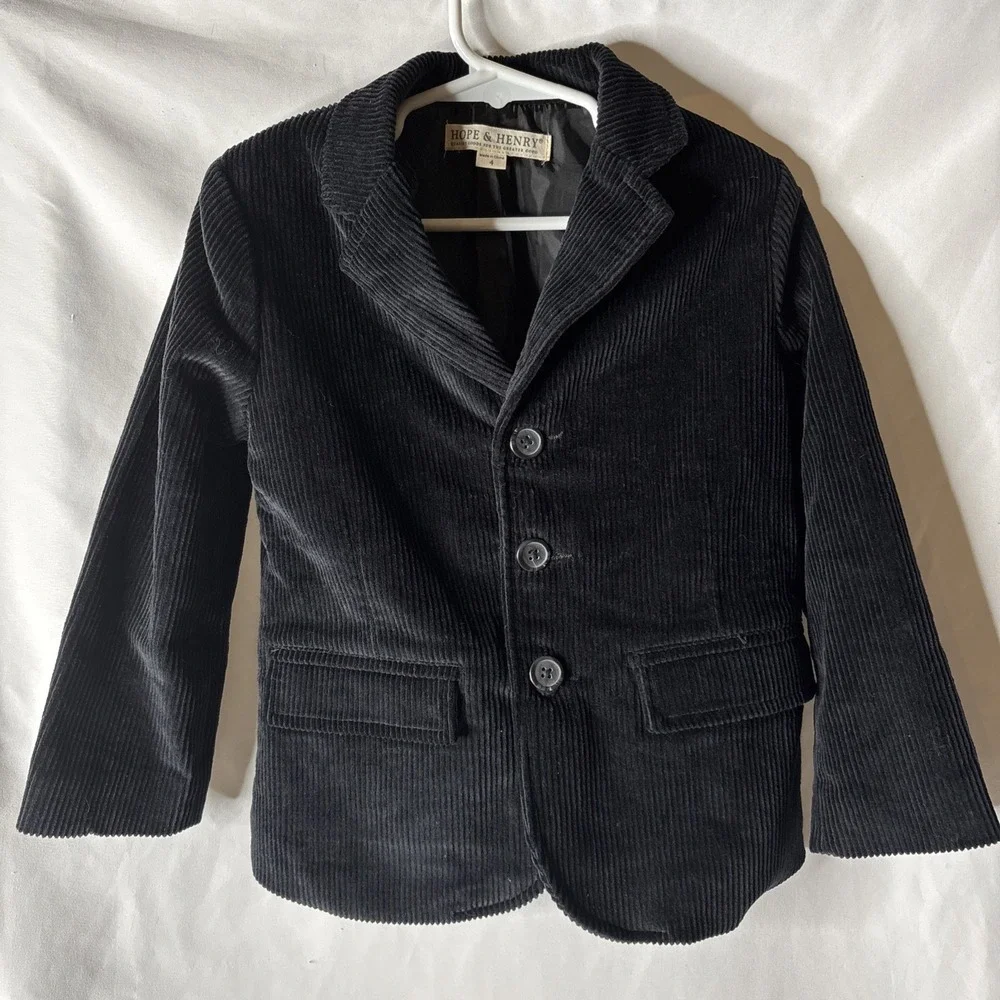 Hope & Henry Boys Sz 4 Black Corduroy Blazer‎ Jacket w/Brown Elbow Patches